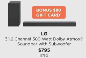 Bing Lee LG 3.1.2 Channel 380 Watt Dolby Atmos® Soundbar with Subwoofer offer