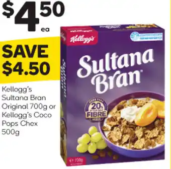 Woolworths Kellogg's Sultana Bran Original 700g or Kellogg's Coco Pops Chex 500g offer