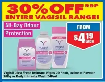 Chemist Warehouse Vagisil Ultra Fresh Intimate 20 Pack, Intimate Powder 100g or Daily Intimate Wash 240ml offer