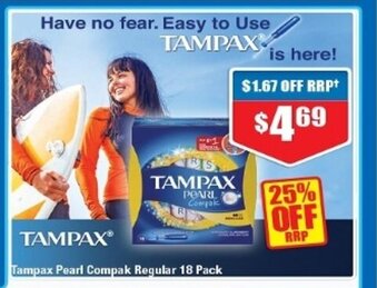 Chemist Warehouse Tampax Pearl Compak Regular 18 Pack offer