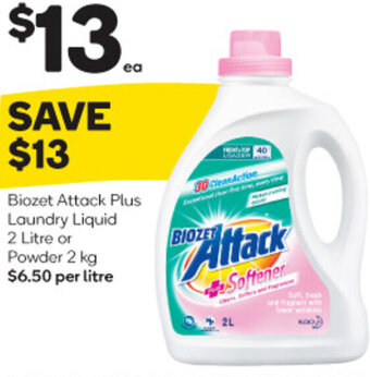 Woolworths Biozet Attack Plus Laundry Liquid 2 Litre or Powder 2 kg offer