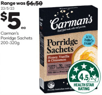 Woolworths Carman's Porridge Sachets 200-320g offer