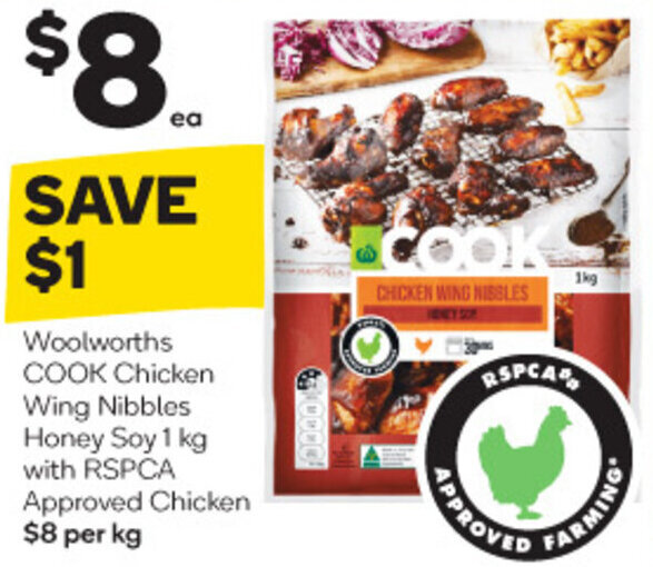 Woolworths COOK Chicken Wing Nibbles Honey Soy 1 kg with RSPCA Approved