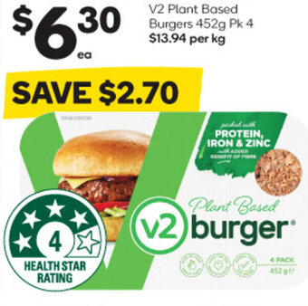 Woolworths V2 Plant Based Burgers 452g Pk 4 offer