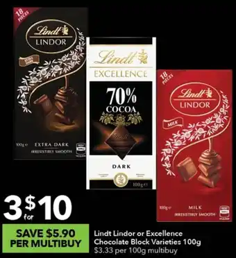 Ritchies Lindt Lindor or Excellence Chocolate Block Varieties 100g offer