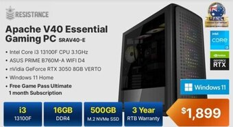 Leader Computers RESISTANCE Apache V40 Essential Gaming PC SRAV40-E offer