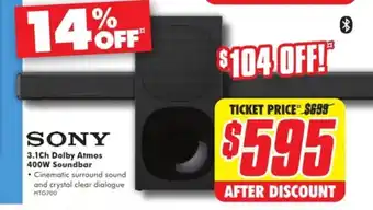 The Good Guys SONY 3.1 Ch Dolby Atmos 400W Soundbar offer