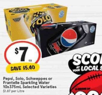 IGA Pepsi, Solo, Schweppes or Frantelle Sparkling Water 10x375ml offer