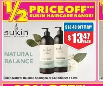 Chemist Warehouse Sukin Natural Balance Shampoo or Conditioner 1L offer