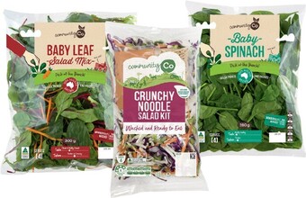 IGA Community co crunchy noodle kit 450g, spinach big bag 280g or baby leaf mix 300g offer