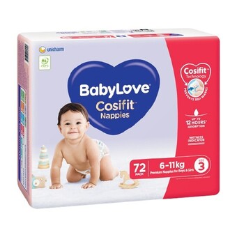 Woolworths Babylove jumbo cosifit nappies pk 54-76 offer