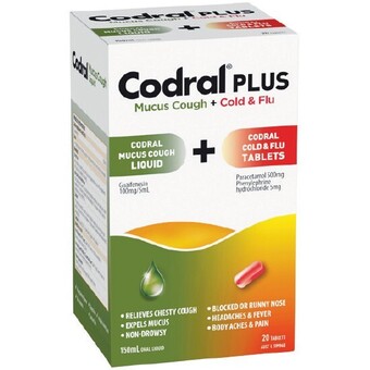 Woolworths Codral plus mucus cough liquid 150ml with cold & flu tablets pk 20~ offer