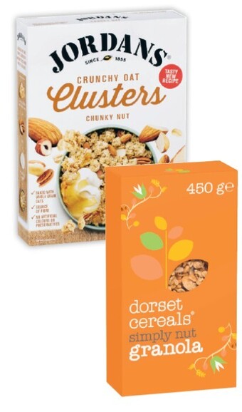 Coles Jordans granola or oat clusters 500g-750g or dorset granola or muesli 450g offer