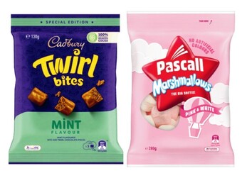 Coles Cadbury or europe bitesize 130g-160g, pascall choc bites 120g-185g or pascall marshmallow 280g offer