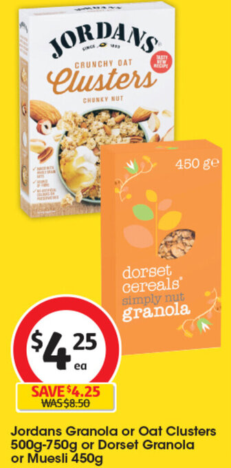 Coles Jordans Granola or Oat Clusters 500g-750g or Dorset Granola or Muesli 450g offer