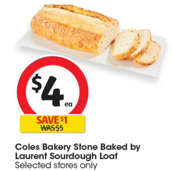 Coles Bakery Stone Baked by Laurent Sourdough Loaf offer at Coles
