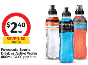 Coles Powerade Sports Drink or Active Water 600mL offer