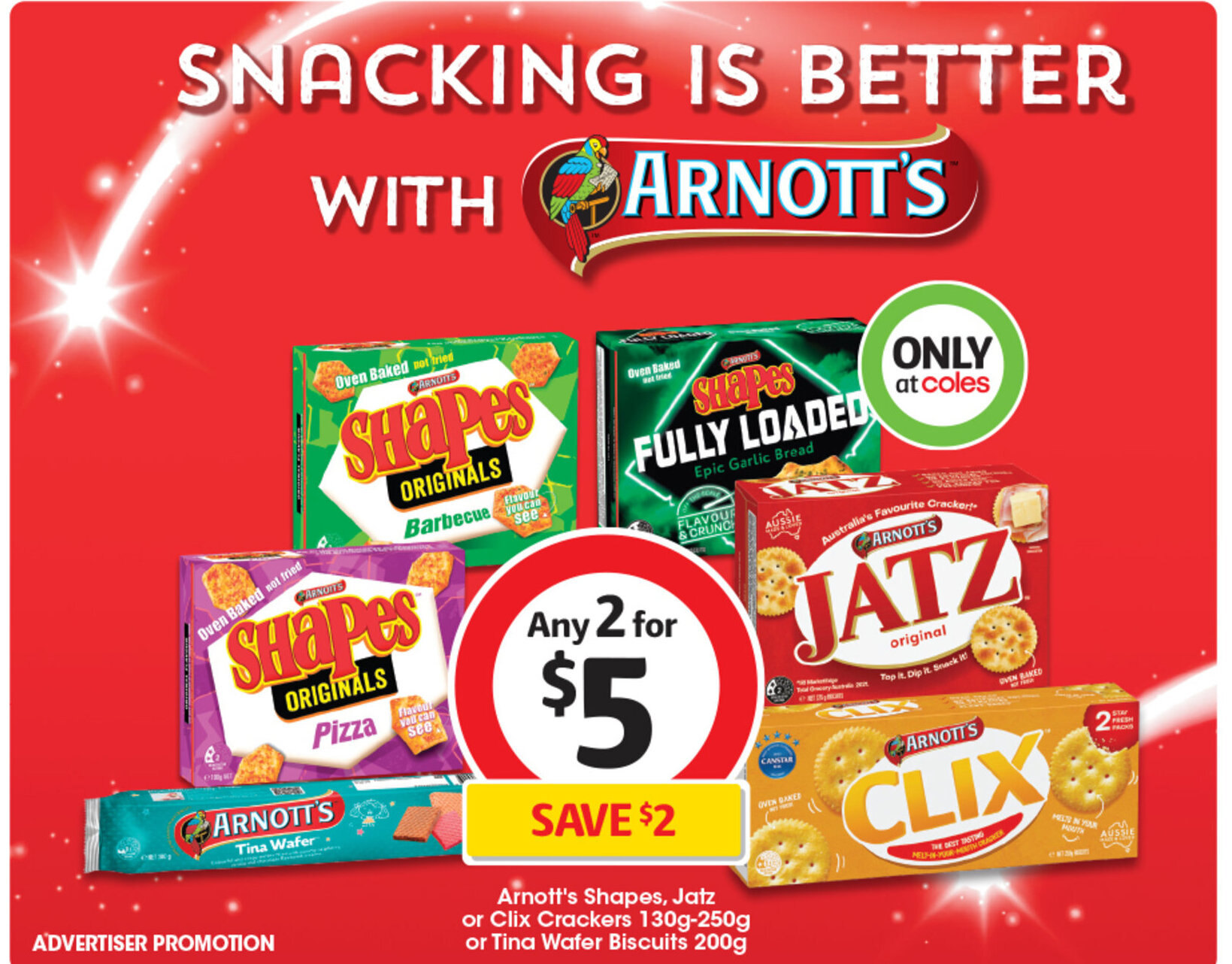 Arnott's Shapes, Jatz or Clix Crackers 130g250g or Tina Wafer Biscuits