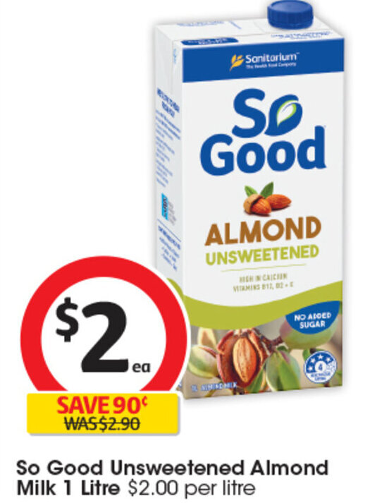 So Good Unsweetened Almond Milk 1 Litre offer at Coles