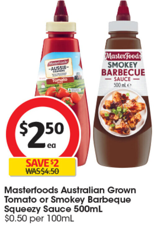 Masterfoods Australian Grown Tomato or Smokey Barbeque Squeezy Sauce