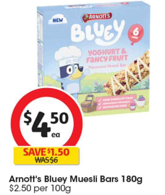 Arnott's Bluey Muesli Bars 180g offer at Coles