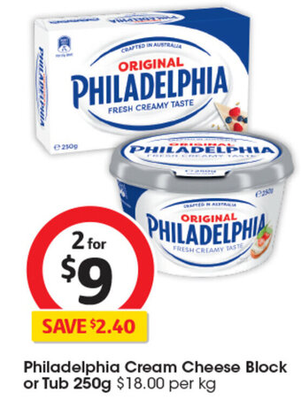 Philadelphia Cream Cheese Block or Tub 250g