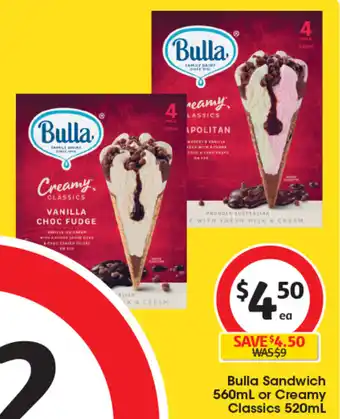 Coles Bulla Sandwich 560mL or Creamy Classics 520mL offer