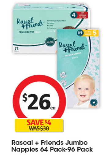 Coles Rascal + Friends Jumbo Nappies 64 Pack-96 Pack offer