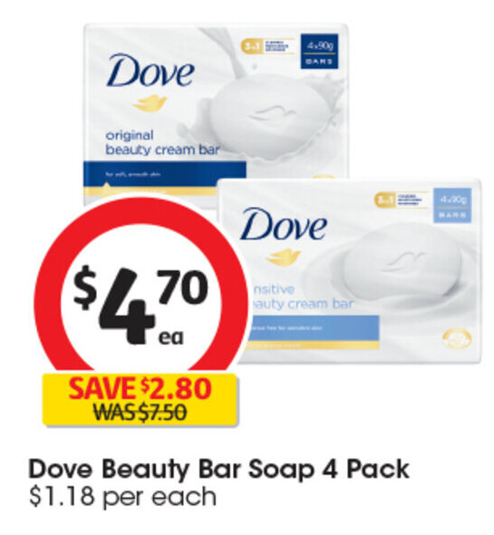 Dove Beauty Bar Soap 4 Pack offer at Coles