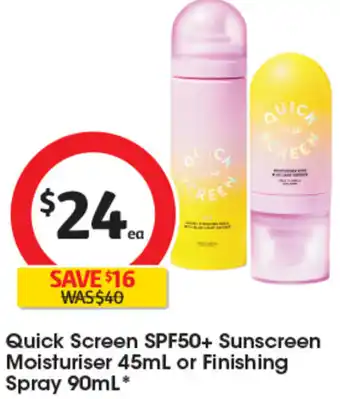 Coles Quick Screen SPF50+ Sunscreen Moisturiser 45mL or Finishing Spray 90mL* offer