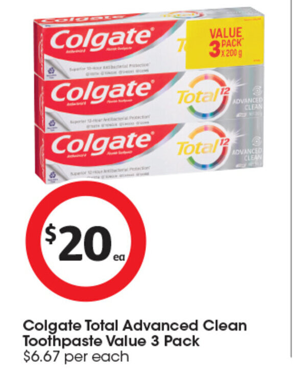 Colgate Total Advanced Clean Toothpaste Value 3 Pack offer at Coles