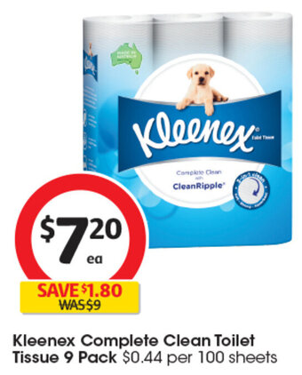 Coles Kleenex Complete Clean Toilet Tissue 9 Pack offer
