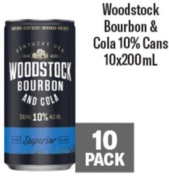 Coles Woodstock Bourbon & Cola 10% Cans 10x200mL offer
