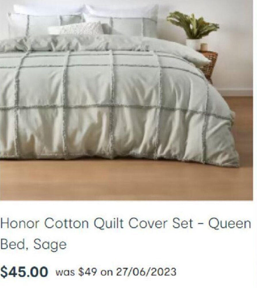 Honor Cotton Quilt Cover Set Queen Bed, Sage offer at Kmart