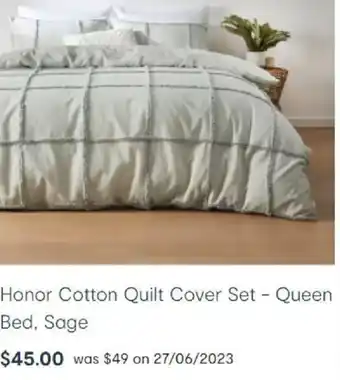Kmart Honor Cotton Quilt Cover Set - Queen Bed, Sage offer