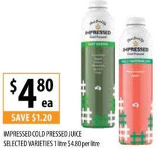 IMPRESSED COLD PRESSED JUICE SELECTED VARIETIES 1 litre offer at Supabarn