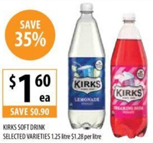 KIRKS SOFT DRINK SELECTED VARIETIES 1.25 litre offer at Supabarn
