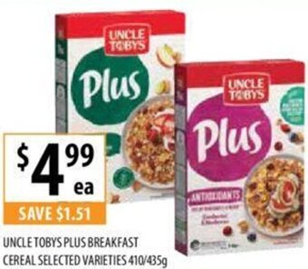 Supabarn UNCLE TOBYS PLUS BREAKFAST CEREAL SELECTED VARIETIES 410/435g offer
