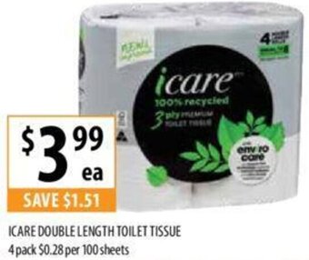 Supabarn ICARE DOUBLE LENGTH TOILET TISSUE 4 pack offer