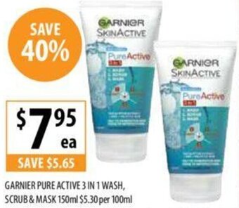 GARNIER PURE ACTIVE 3 IN 1 WASH, SCRUB & MASK 150ml
