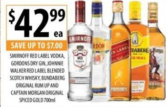 SMIRNOFF RED LABEL VODKA, GORDONS DRY GIN, JOHNNIE WALKER RED LABEL BLENDED SCOTCH WHISKY