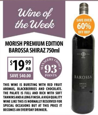 Supabarn MORISH PREMIUM EDITION BAROSSA SHIRAZ 750ml offer