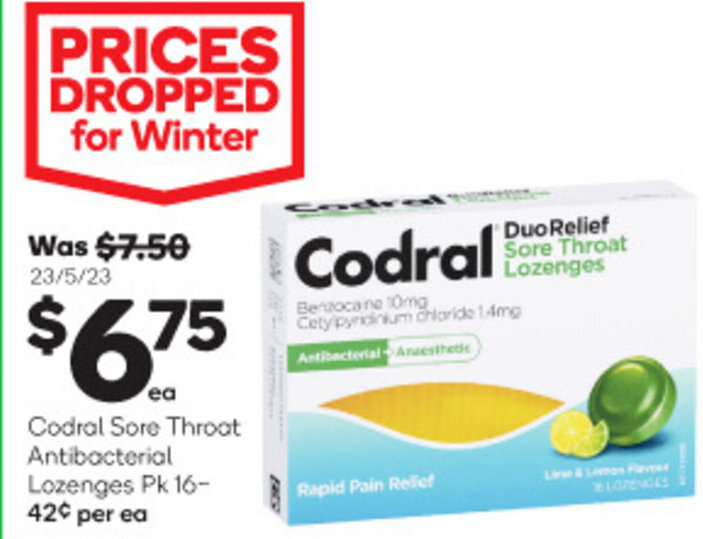 Codral Sore Throat Antibacterial Lozenges Pk 16 offer at Woolworths