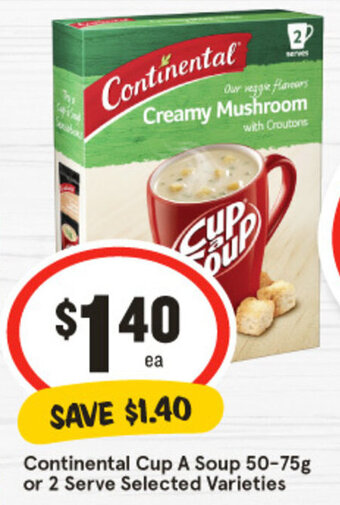 IGA Continental Cup A Soup 50-75g or 2 Serve Selected Varieties offer
