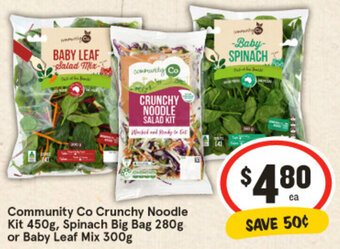 IGA Community Co Crunchy Noodle Kit 450g, Spinach Big Bag 280g or Baby Leaf Mix 300g offer