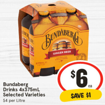 IGA Bundaberg Drinks 4x375mL Selected Varieties offer
