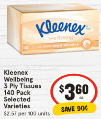 IGA Kleenex Wellbeing 3 Ply Tissues 140 Pack Selected Varieties offer