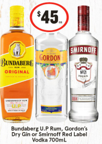 IGA Bundaberg U.P Rum, Gordon's Dry Gin or Smirnoff Red Label Vodka 700mL offer