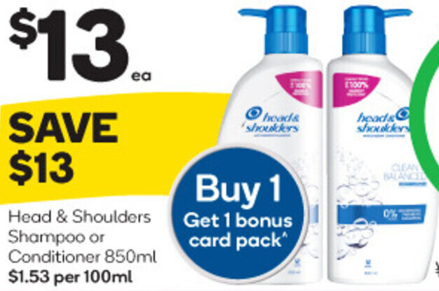 Woolworths Head & Shoulders Shampoo or Conditioner 850ml offer
