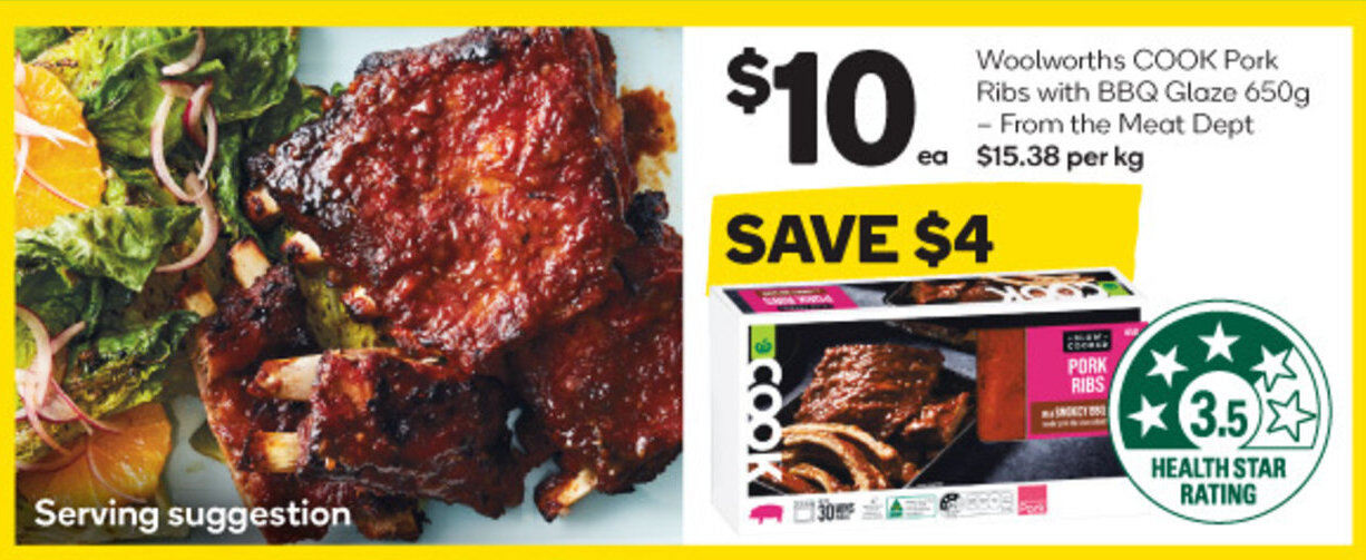 Woolworths COOK Pork Ribs with BBQ Glaze 650g offer at Woolworths